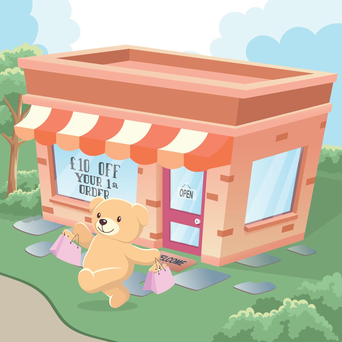 cartoon teddy bear with shopping bags