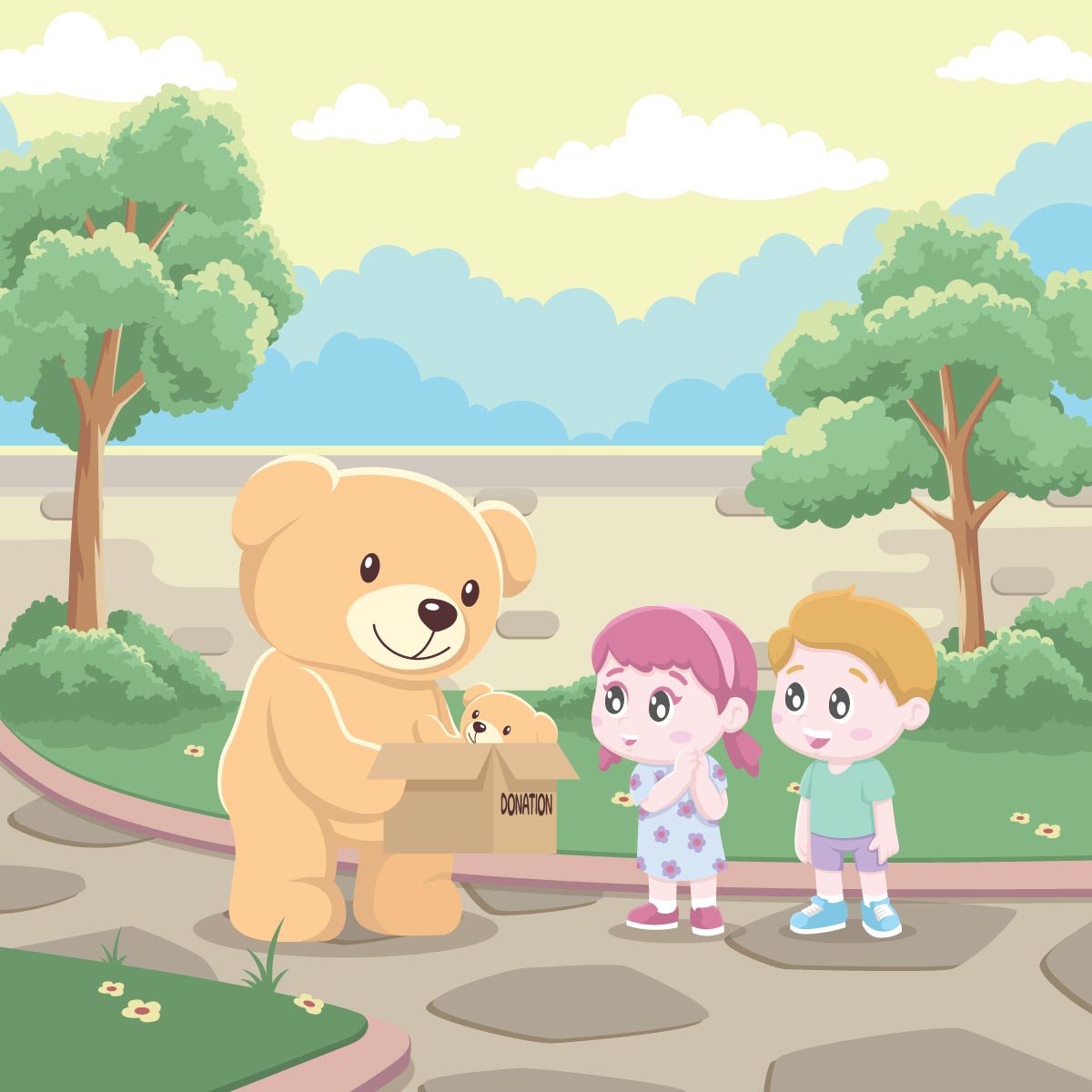 cartoon teddy bear donating teddies to children bigted