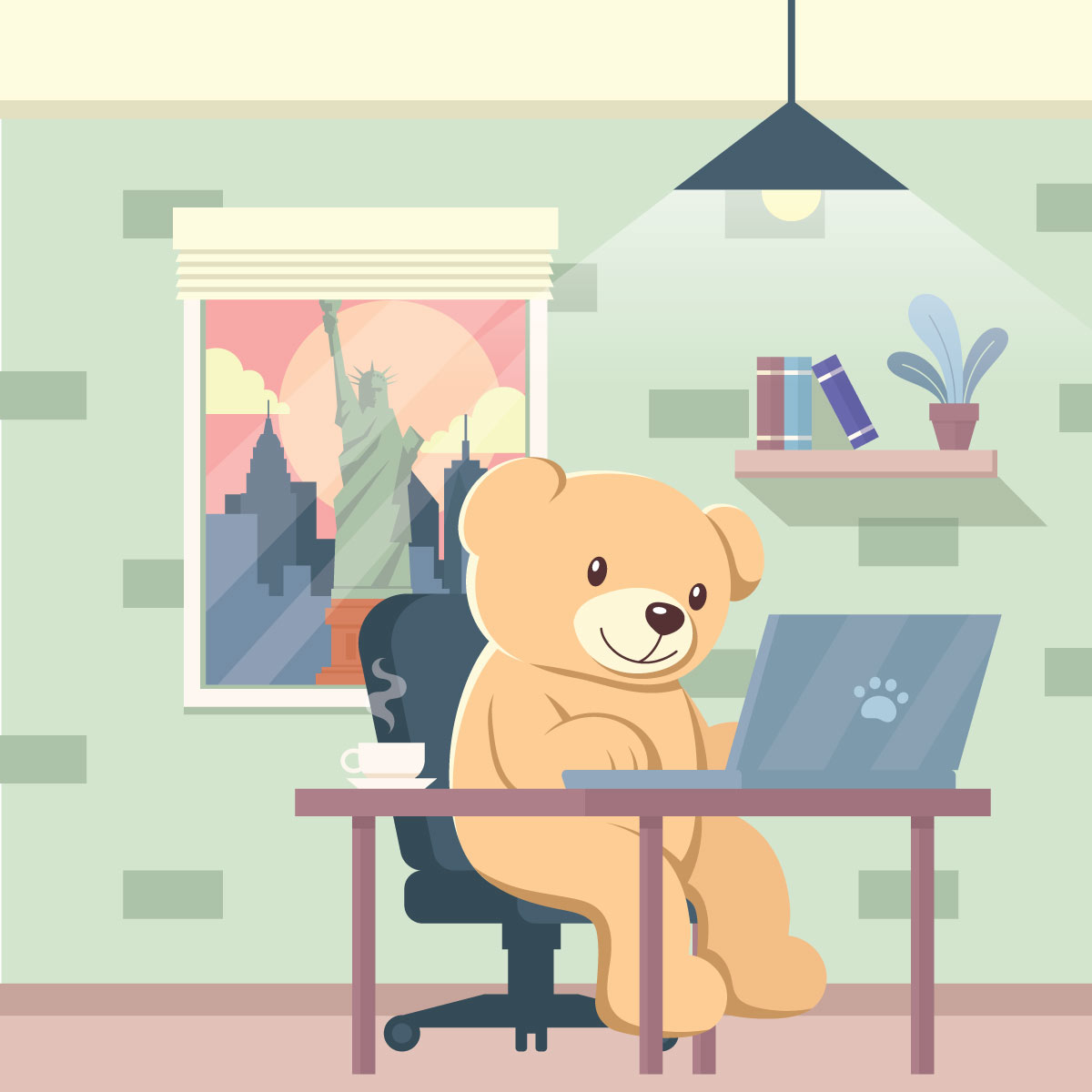 cartoon teddy bear working on laptop in new york city bigted