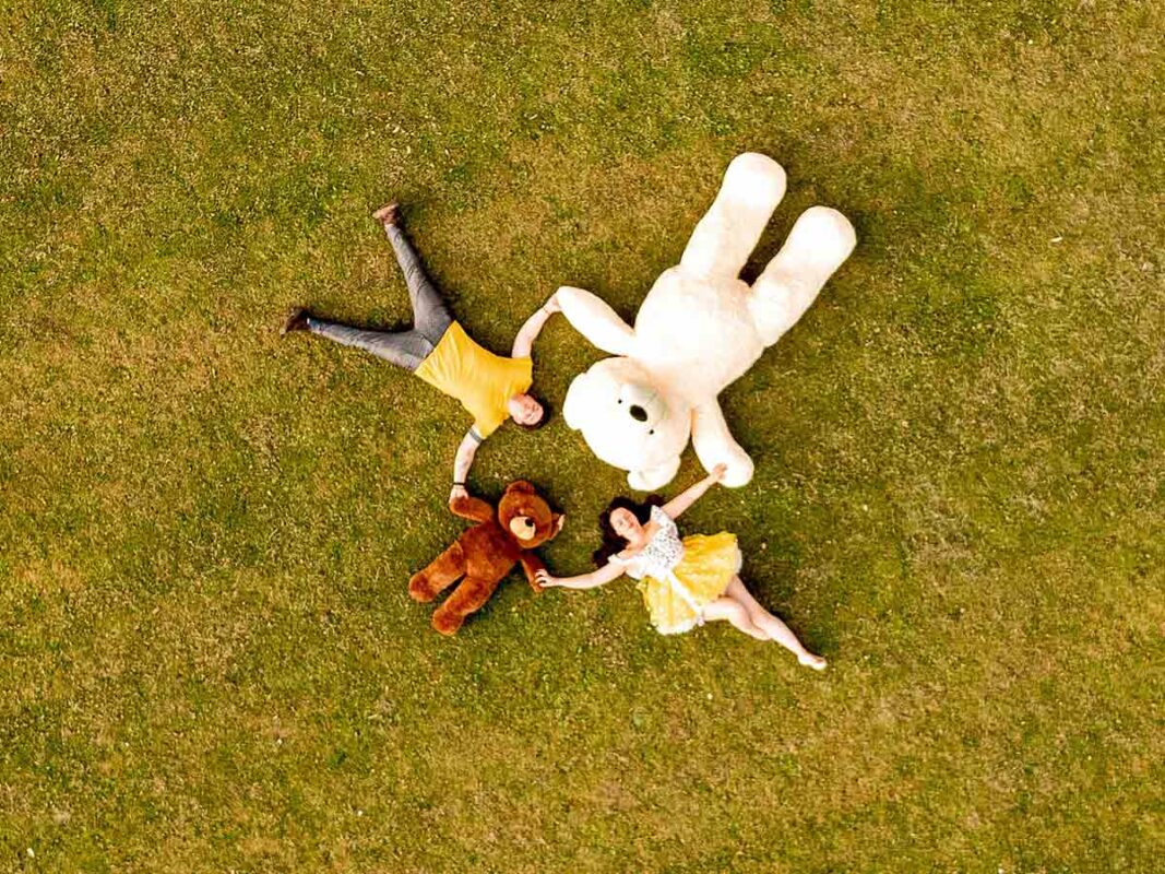 birds eye view couple holding hands in green grass park with teddy bears