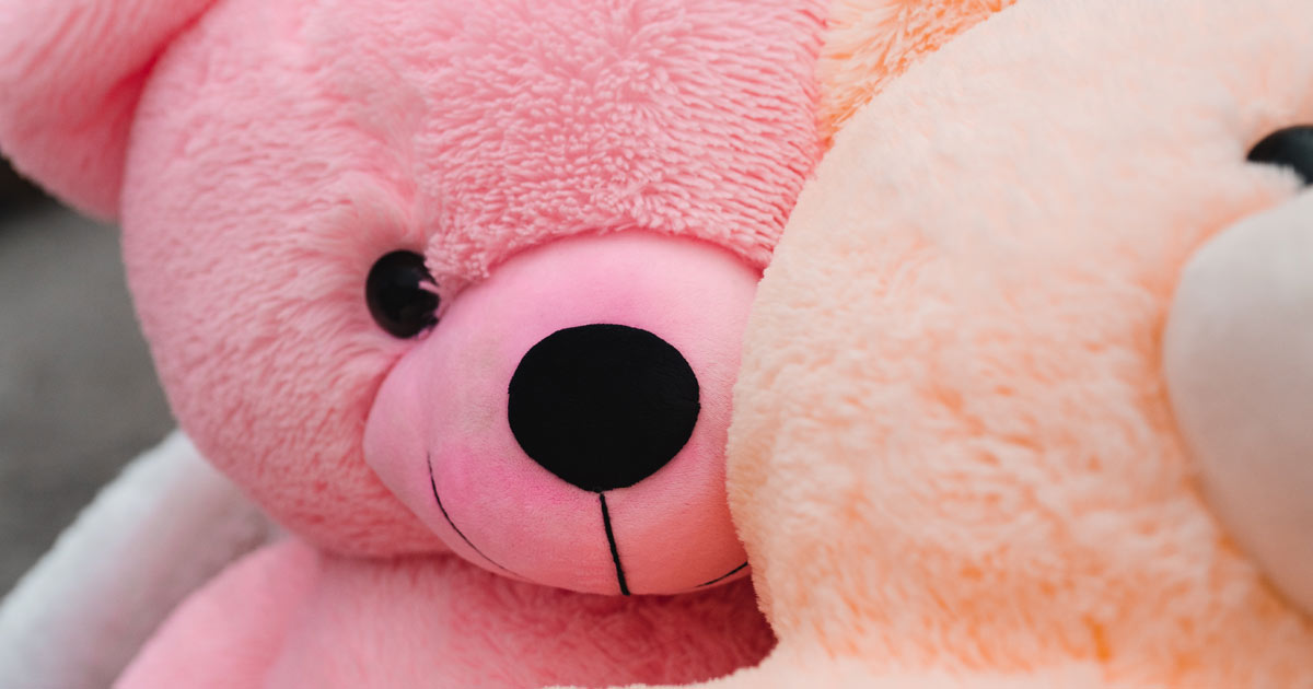 pink fluffy teddy bear hiding behind cream teddy bear